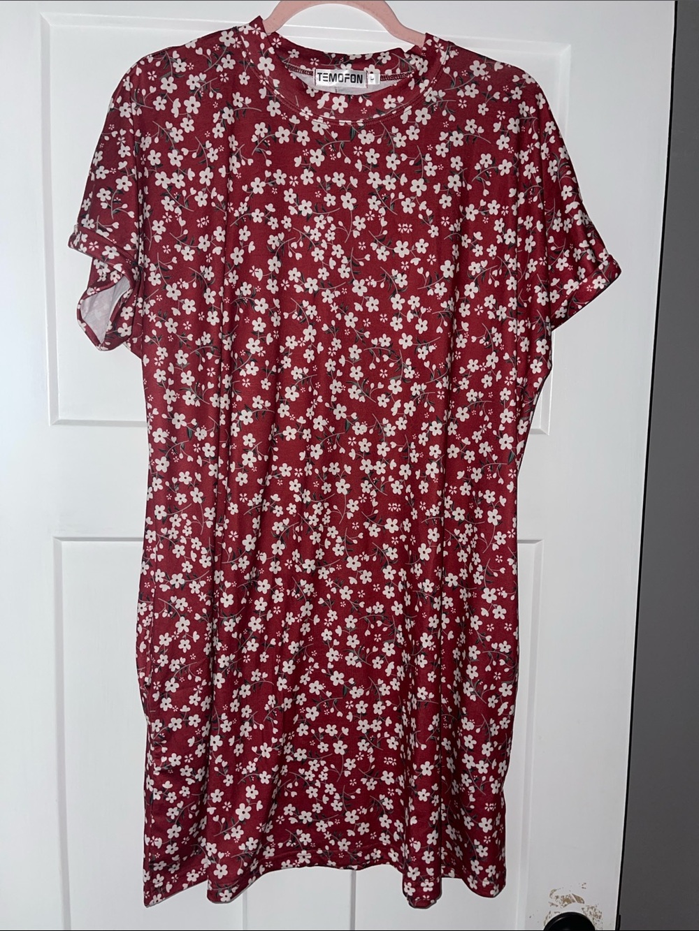 Temofon Women's Burgundy Floral Short Sleeve Dress